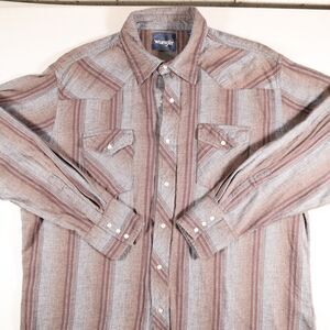 Wrangler Pearl Snap Shirt Mens Size XXL Brown Long Sleeve Stripes Pockets Heavy